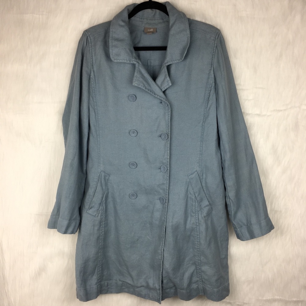 J. Jill Blue Linen Double Breasted Trench Coat